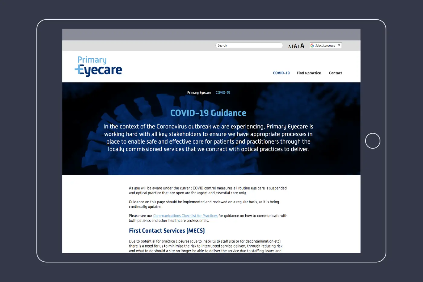 Primary Eyecare COVID-19 website design