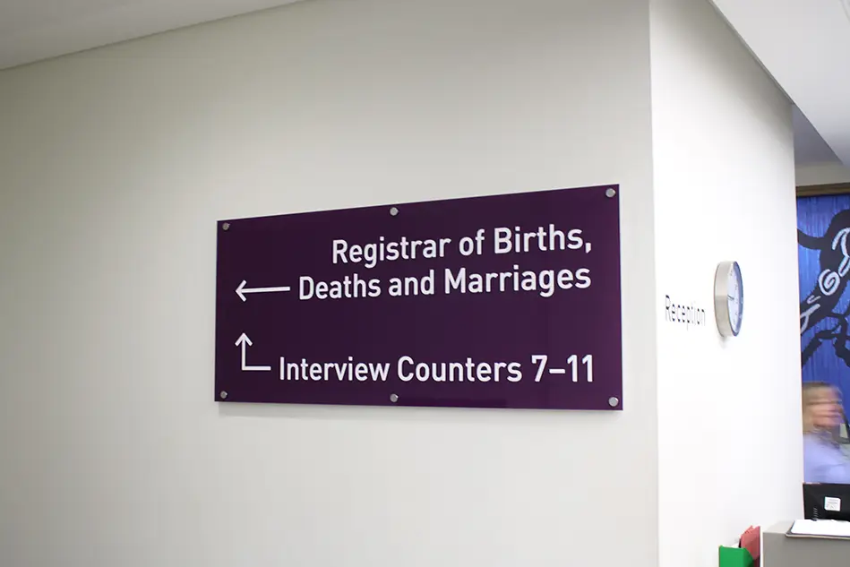 Registrar of Births, Deaths and Marriages signage